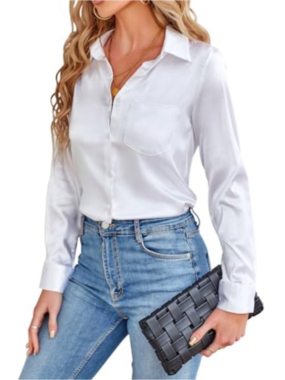 Satin Silk Button Down Blouse V Neck Long Sleeve Office Top with Pocket